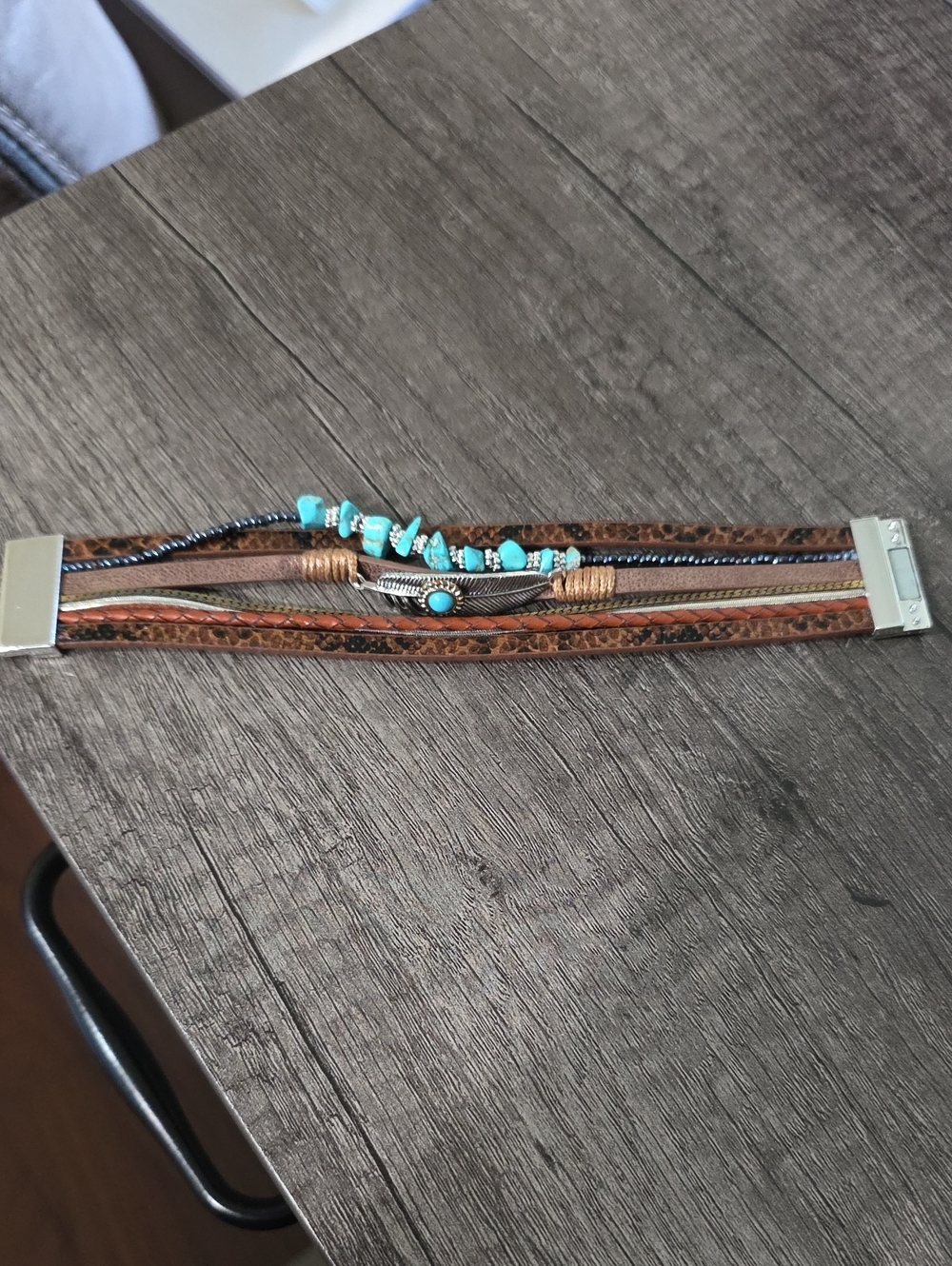 Multi-Strand Brown Leather Bracelet with Turquoise Beads